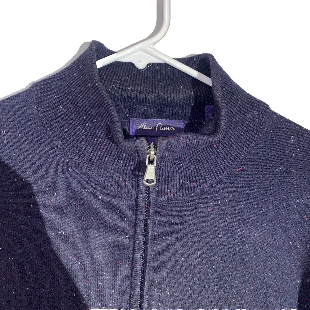 Alan Flusser‎ Mens Navy Blue Cotton Cashmere Donegal Fleck Quarter Zip Sweater M